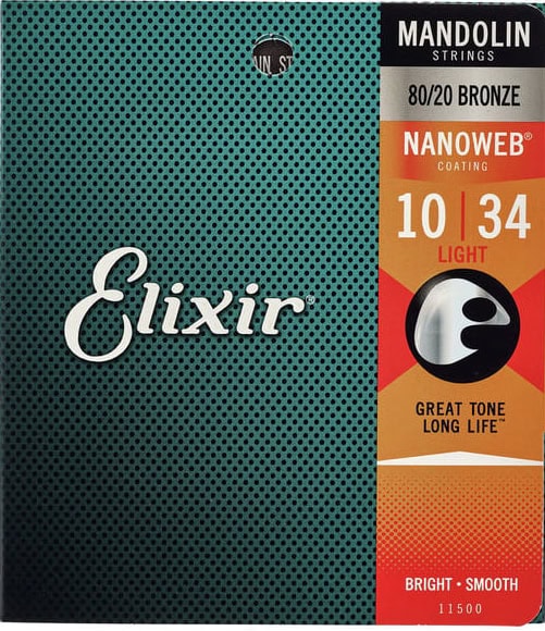 Elixir Mandolin Strings box featuring 80/20 Bronze, Nanoweb coating, light gauge 10-34 with great tone and long-lasting durability at The Music Outlet.