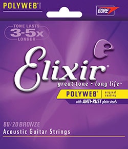 Polyweb Elixir acoustic guitar strings packaging, purple design with branding and product details.