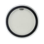 Evans Level 360 bass drum head with black internal ring and white surface for optimal sound control.