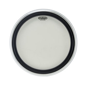 Evans Level 360 bass drum head with black internal ring and white surface for optimal sound control.