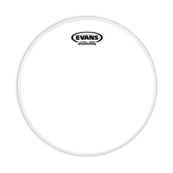 Evans level 360 drumhead for snare drums with logo in black and white.