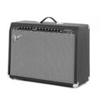 Fender Champion 100 guitar amplifier with black casing, control knobs, and vintage style grille, ideal for practice and performance.