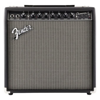 Fender Champion 50 guitar amplifier in black with control knobs at the top and a textured grille cloth design.