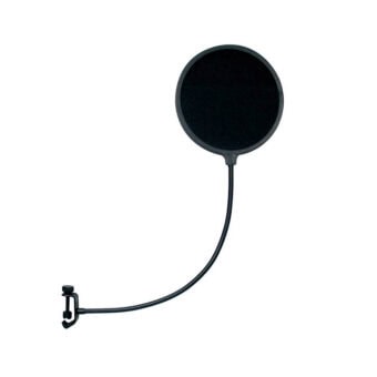 Black pop filter with flexible gooseneck and clamp for studio microphones.