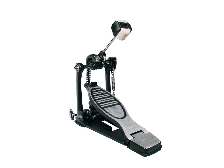 A drum pedal with a black and silver design, suitable for bass drums, featuring a footplate and beater mechanism.