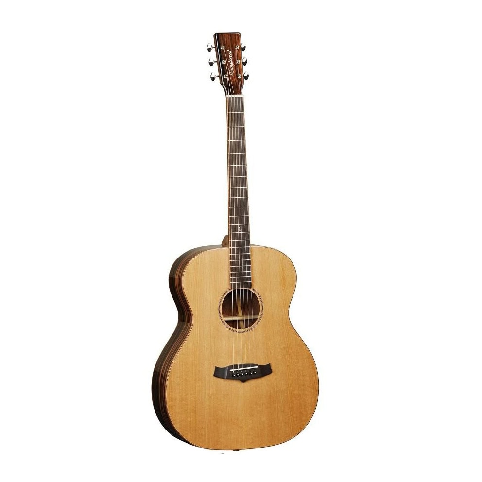 Acoustic guitar with wooden body and six strings, positioned vertically on a white background.