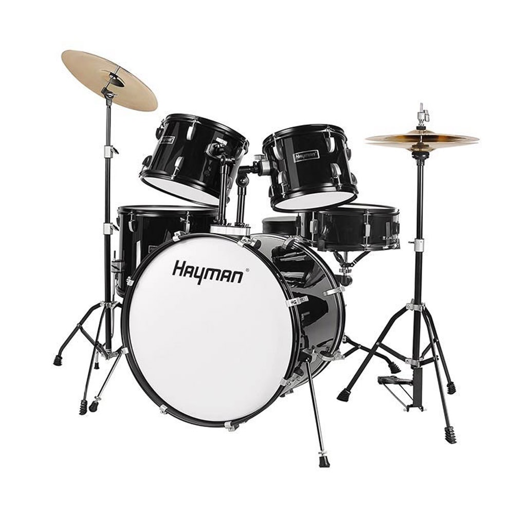 Hayman black drum kit with cymbals on stands and hardware for music and drumming enthusiasts in Dublin.