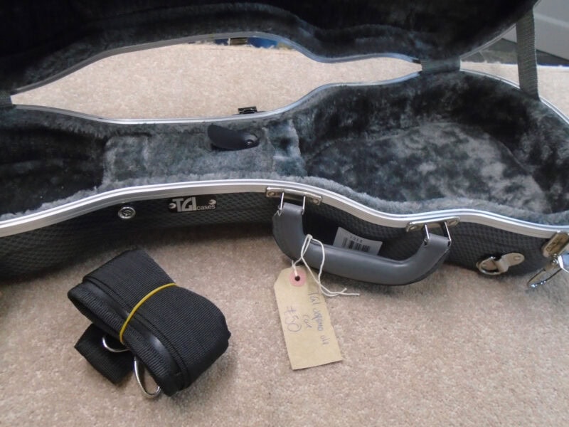 Standard guitar case with soft interior padding, handle, and latches, placed on a beige carpet. Includes a black strap with metal hooks for secure guitar transportation.