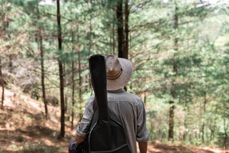 Walking musician carrying a guitar case and wearing a wide-brimmed hat in a forest setting.