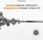 High-quality close-up image of D'Addario guitar string with branding highlighting higher break strength and tuning stability, featuring NY Steel for greater pitch stability.