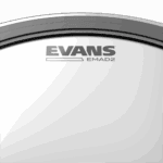 Evans EMAD2 drumhead close-up, black and white image showcasing the brand logo and drumhead design at The Music Outlet Swords Dublin.