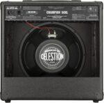 Cerwin-Vega Celestion Midnight 60 G12-60 guitar speaker in a black amplifier cabinet, showing the speaker with branding and the back of the amplifier. Ideal for musicians seeking powerful sound in Dublin.