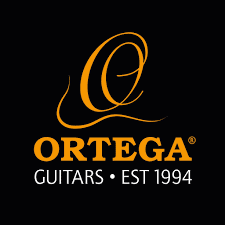 Ortega Guitars logo with black background and gold text.